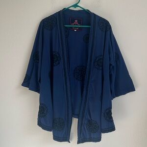 Johnny Was JW Los Angeles Navy Blue Embroidered Kimono Open Front Cardigan